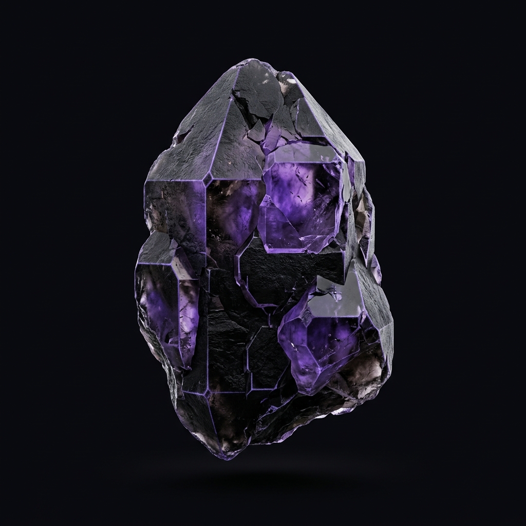 Mineral escuro com cristais em tons de violeta.